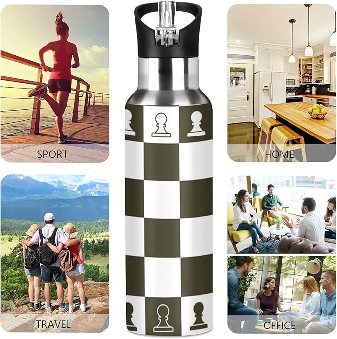 Chess Sports Water Bottle, Double Wall Vacuum Insulated Stainless Steel Water Bottle with Straw Keeps Hot and Cold, Bike Running Sports Travel Gym 20oz