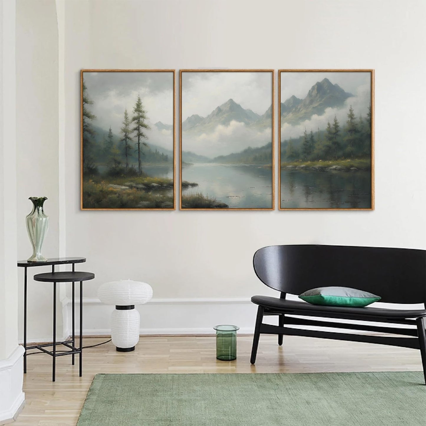 SIGNINART Large Green Forest Framed Canvas Wall Art Set, Misty Mountain Lake Scenery Wall Decor, Modern Foggy Wood Landscape Artwork, Oil Printing Style Nature Art Print for Living Room, Bedroom, Office 16 x24 x3