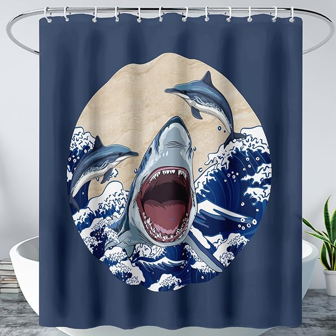 AILONEN Cartoon Shark Shower Curtain for Kids Boys Girls,Blue Ocean Wave with Shark Waterproof Fabric Shower Curtain for Bathroom,Jumping Dolphin Shower Curtain Set with Hooks,36" W*72" H