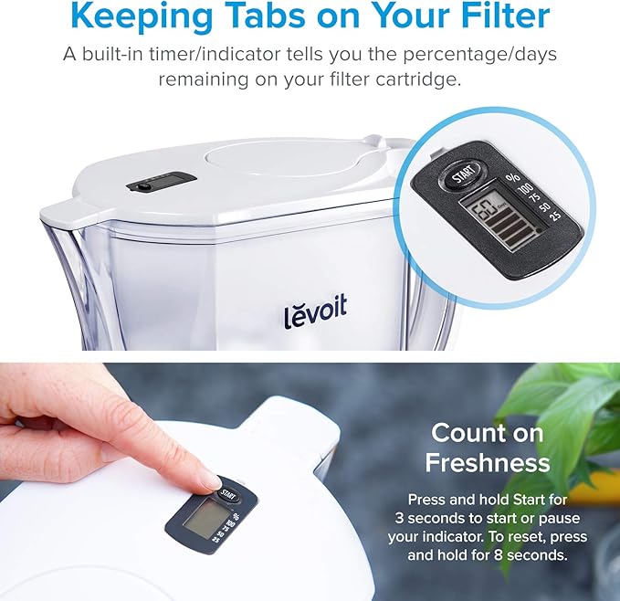 Levoit LV110WP Water Filter Pitcher for Tap and Drinking Water with 1 Standard Filter, Lasts 2 Months, 10 Cups Capacity, BPA Free, White