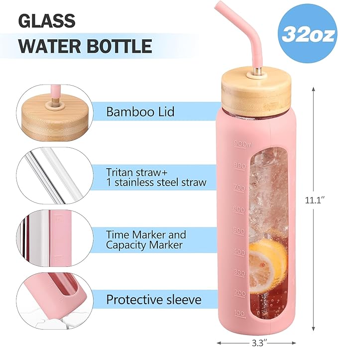 Glass Water Bottles with Straw -32oz- Water Bottle Phone Holder for Gym Large Motivational Water Bottle with Time Marker Glass Drinking Bottles 2 Lids - Spout & Bamboo Straw Lid(Pink)