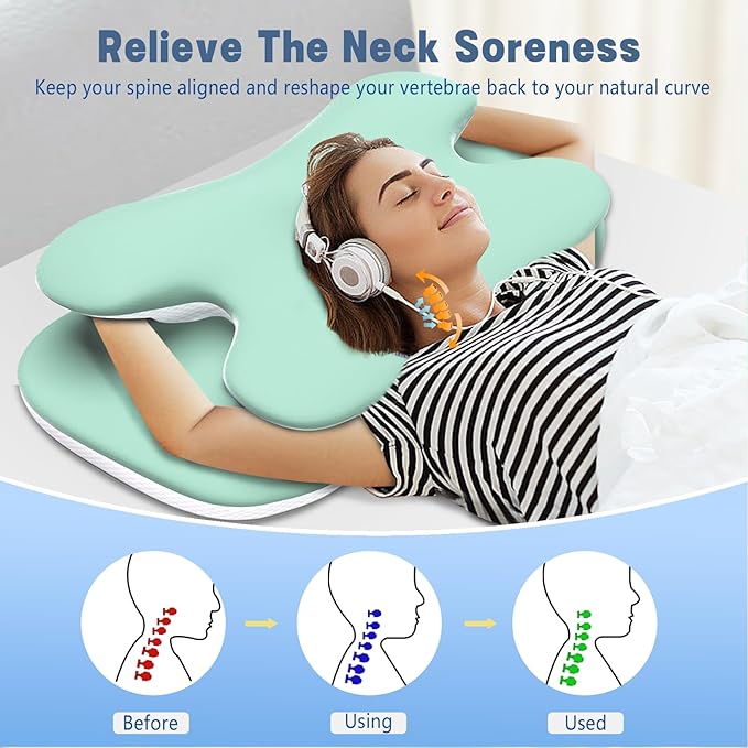 Cervical Pillow for Neck and Shoulder Pain Relief, Ergonomic Neck Pillow for Sleeping, Contour Memory Foam Cervical Pillow, Neck Pillow for Side Back Stomach Sleepers with Ice Silk Fabric (Green)