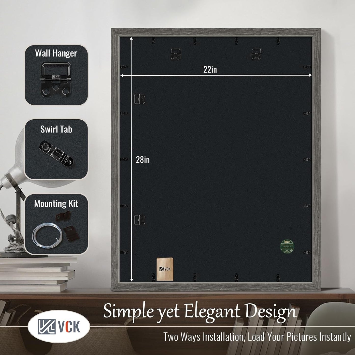 VCK 22x28 Frame Set of 3, Gray Solid Wood Poster Picture Frame, Exclusive Wood Grain, Wall Gallery Frame