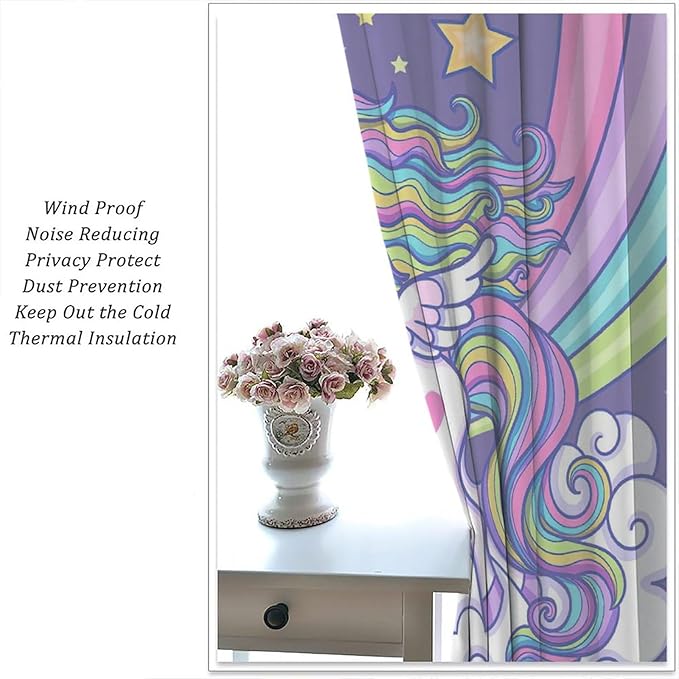 Kids Unicorn Curtains Purple Cartoon Rainbow Cartoon Room Blackout Curtains Boys Girls Baby Room Decor Curtains Living Room Decor 63x63 Inch 2 Panels