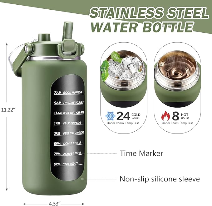 BLUEGO 64oz Insulated Water Bottle with Straw and Handle Leakproof Half Gallon Wide Mouth Motivational Water Bottle, 2-IN-1 Straw Spout Lid Stainless Steel Water Jug for Sport Travel Gym-Oliver