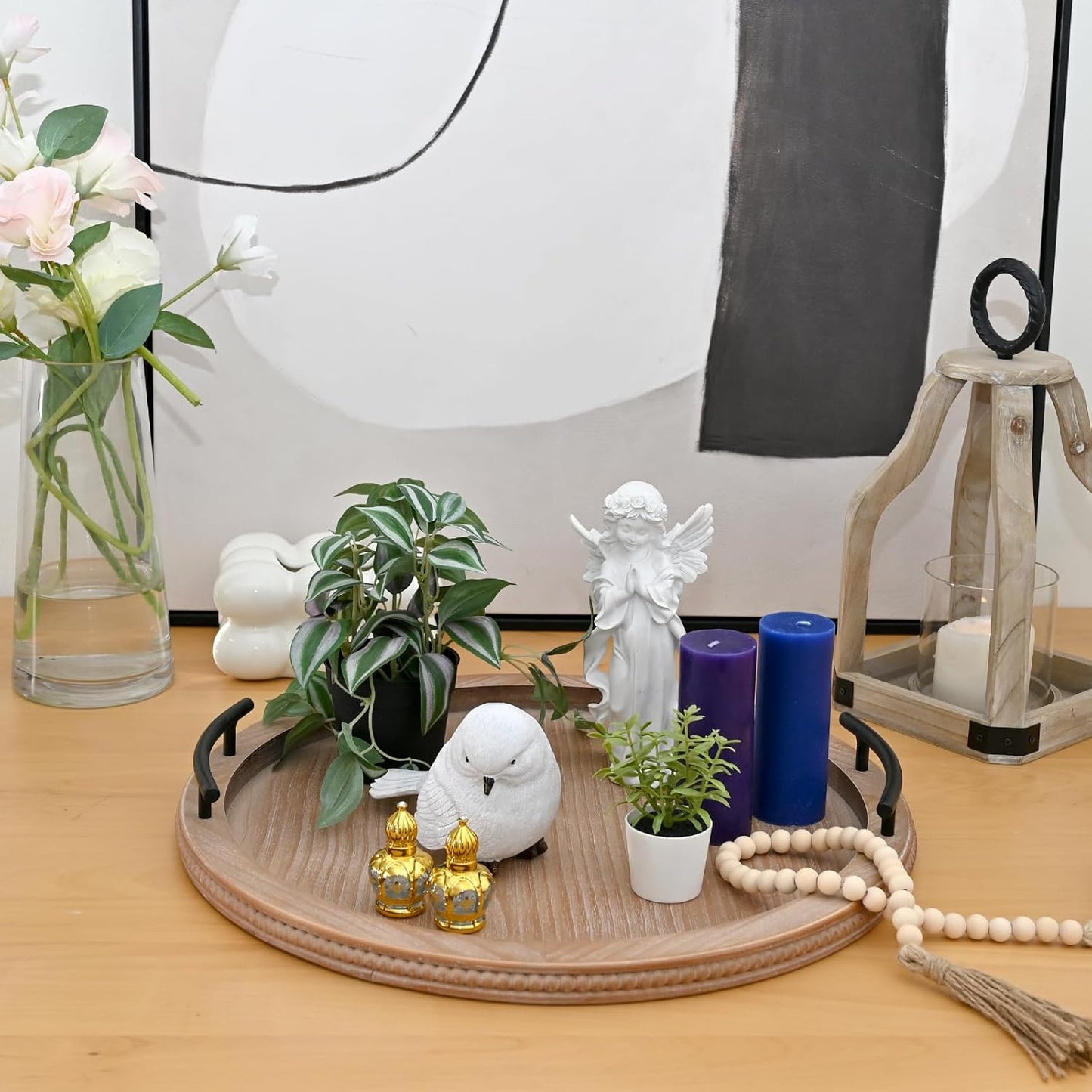 SwallowLiving 18Inch Brown Wooden Beaded Serving Tray with Handle Decorative Rustic Tray for Coffee Table Farmhouse Round Trays for Kitchen, Living Room and Bedroom