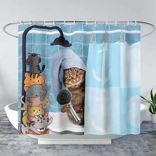 AILONEN Funny Cat Shower Curtain for Kids 72"W*78"H Inch, Cartoon Animal Bathroom Curtain,12 Pack Hooks Polyester Waterproof Fabric Decor for Bathroom,Cute Kitten Taking Shower Cloth Fabric Bathroom