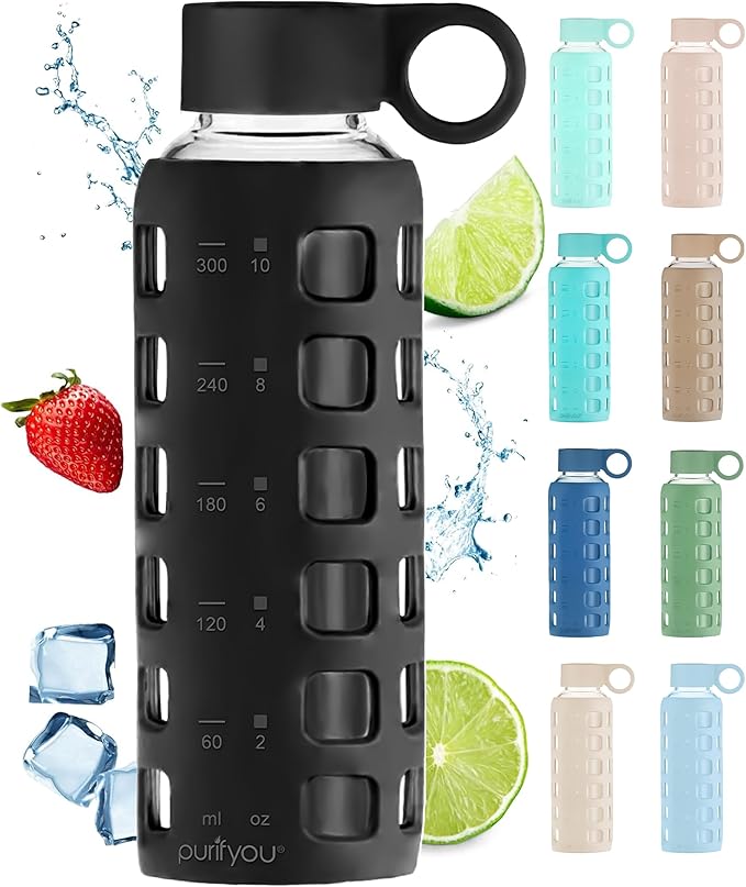 purifyou Premium 40/32 / 22/12 oz Glass Water Bottles with Volume & Times to Drink, Silicone Sleeve & Stainless Steel Lid Insert, Reusable Bottle for Fridge Water, Milk, Juice (12oz Jet Black)