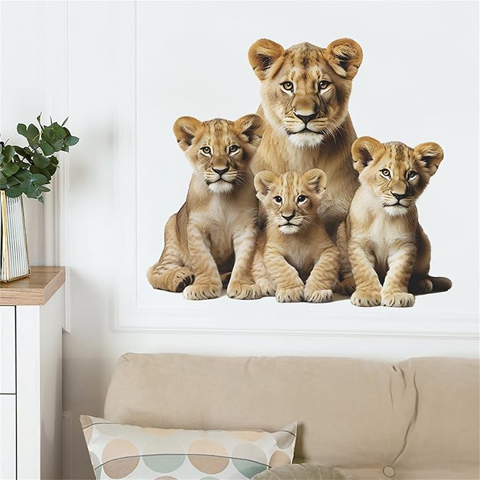 Lion Wall Decals, Vinyl Removable 3D Stickers for Bedroom Nursery Decor - Peel and Stick Cute Baby Girl Boy Toddler Kids Room Art Decoration, Woodland Forest Safari Jungle Mural Waterproof