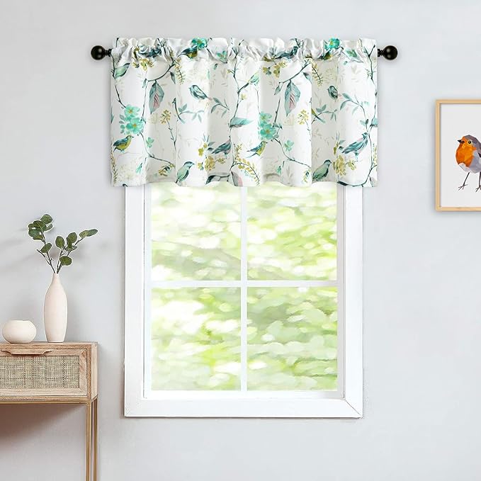 Leeva Birds Vines Printed Curtains Valance for Kitchen Bath Laundry Bedroom Living Room, Rod Pocket Semi-Blackout Valances for Windows, 52 x 18 Inch, Green Birds, One Panel