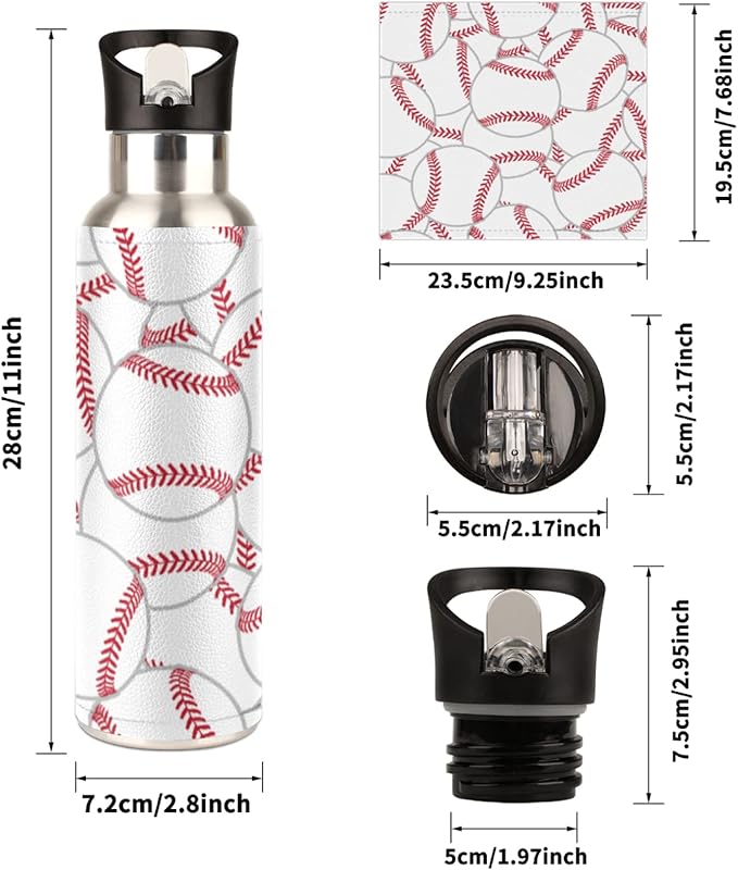 Stainless Steel Sports Water Bottle with Straw, 20 oz Vacuum Insulated Cup, Keeps Hot Cold Canteen Water Bottles For Cycling Travel Hiking (baseball)