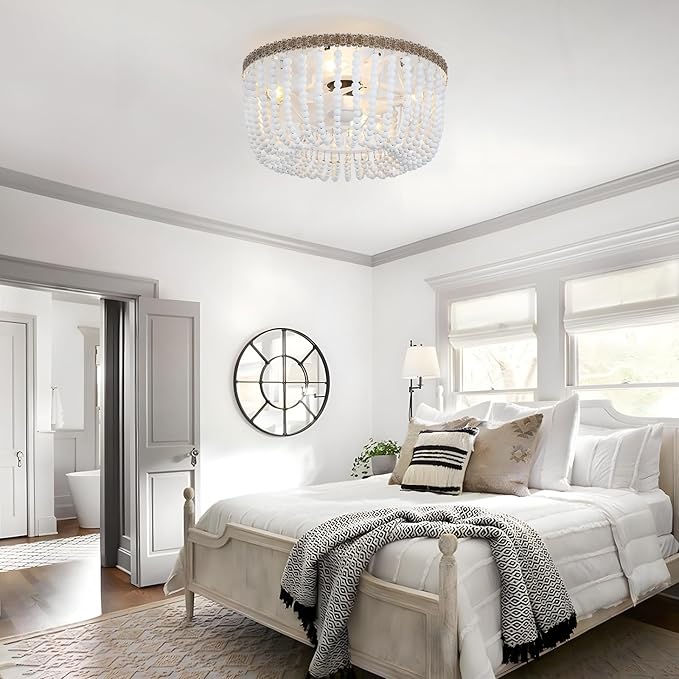 Boho Wood Beads Ceiling Fan with Light & Remote, 18" Coastal Fandelier Ceiling Fan with Light,Flush Mount Caged Ceiling Fan with 6 Speeds, Bohemian Fandelier Chandelier Fan for Bedroom/Kitchen/Nursery