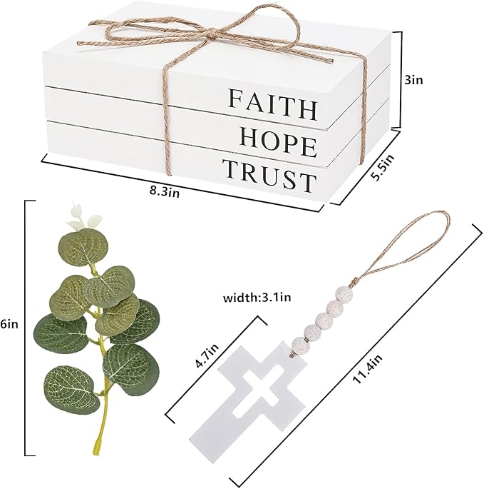 Decorative Books for Home Decor, Fake Books for Decoration, Wooden Faux Books for Decoration, Farmhouse Book Decor (Faith Hope Trust)