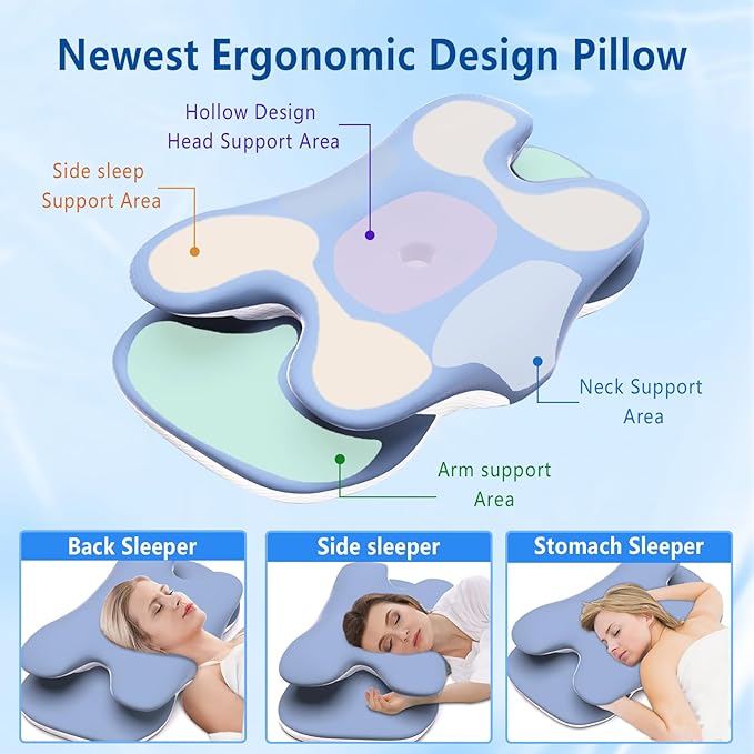 Cervical Pillow for Neck Back Pain Relief Memory Foam Contour Pillow Ergonomic Orthopedic Neck Pillow for Sleeping Cervical Support Pillow for Back Side Stomach Sleeper Cooling Pillowcase (Blue)