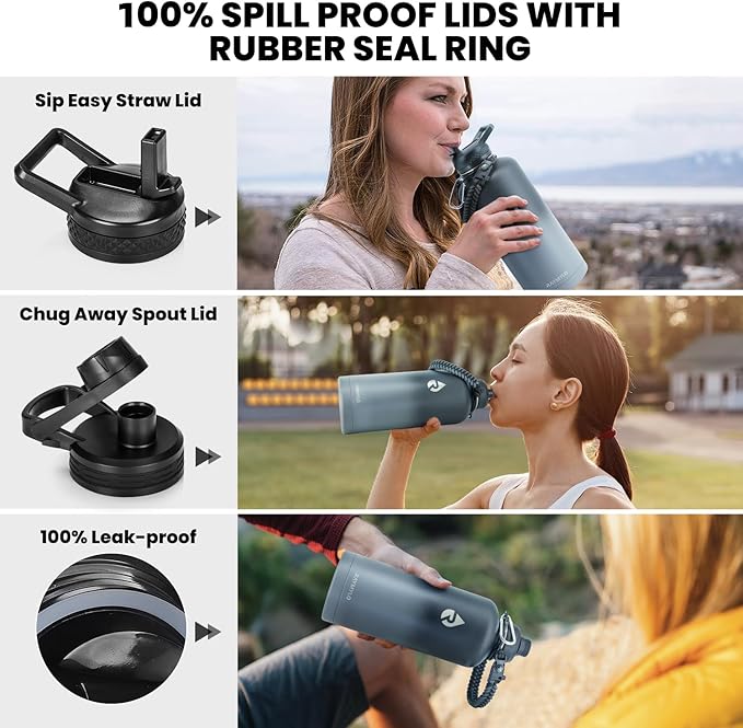 Insulated Water Bottle 87 oz, Triple Wall Vacuum Stainless Steel (Cold for 48 Hrs), Leak Proof & Non-BPA, Modern Water Flask Jug with Paracord Handle & Straw Spout Lids, Dark Grey