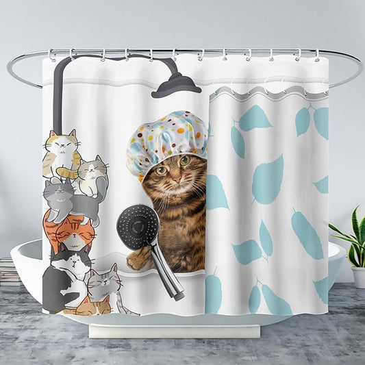 AILONEN Funny Cat with Shower Cap Shower Curtain for Kids 72" W*78" H Inch,Cute Cartoon Animals Bathroom Curtain,12 Pack Hooks Polyester Waterproof Fabric Decor for Bathroom,White