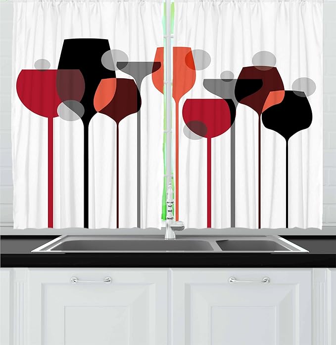 Ambesonne Wine Kitchen Curtains, Abstract Wine Glasses Silhouettes with Dots Alcohol Drink Modern, Window Drapes 2 Panel Set for Kitchen Cafe Decor, 55" x 30", Black Grey