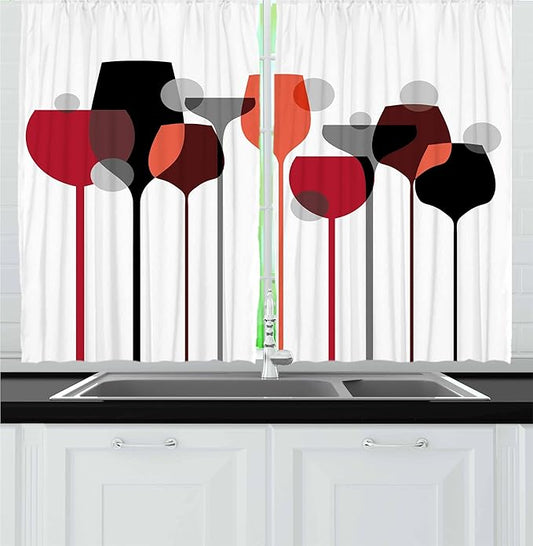 Ambesonne Wine Kitchen Curtains, Abstract Wine Glasses Silhouettes with Dots Alcohol Drink Modern, Window Drapes 2 Panel Set for Kitchen Cafe Decor, 55" x 30", Black Grey