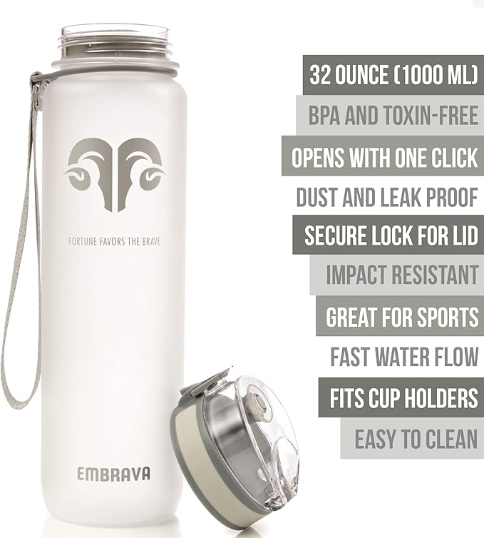 Embrava Sports Water Bottle - 32oz Large - Fast Flow Quick Sip Lid - BPA & BPS Free - Leakproof, Flip Top - Lightweight & Sturdy Tritan Plastic - Strainer for Fruit & Ice