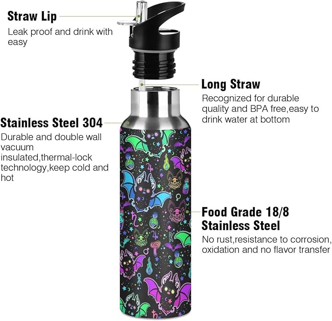 Magic Bat Stainless Steel Water Bottle with Straw Lid - 20 Oz Sports Insulated Water Bottle Thermos for Sport Gym Outdoor Travel School (07-B13)
