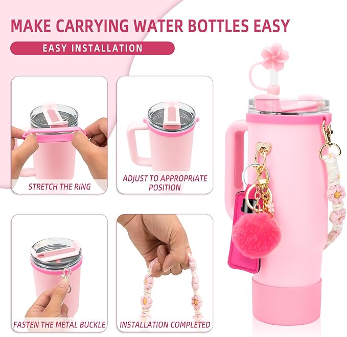 Stanley Cup Accessories Set Including 1 Pcs Water Bottle Handle Strap, 1 Pcs Siliocne Straw Cover, 1 Pcs Siliocne Stanley Cup Boot, 3 Pcs Stanley Charms for Stanley Cup 40oz & 30oz Tumbler - Pink