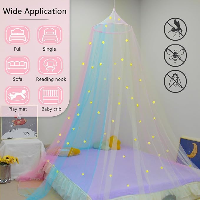 Daksha Rainbow Princess Bed Canopy for Girls with Glowing Stars, Room Decor, Bed Curtains, Ceiling Tent, Fits Twin, Full and Queen Size Beds