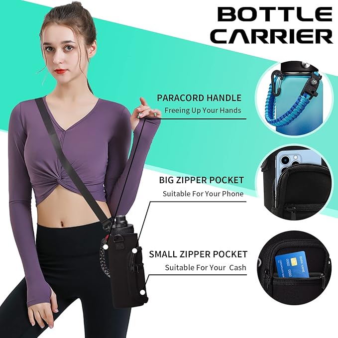 Stainless Steel Flask Water Bottle - 32oz/40oz/64oz Insulated Water Bottle with Straw & Spout Lids, Paracord Handle, Strap Sleeve, Protective Cup Mat, Wide Mouth Hydro Thermo Bottle Sports Office