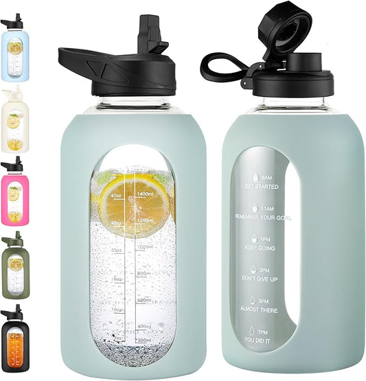 CIVAGO 64 oz Glass Water Bottle Jug with Straw and Handle, Half Gallon Sports Motivational Water Bottle with Time Marker and 2 Lids, Water Flask Canteen with Silicone Sleeve for Gym, Sage