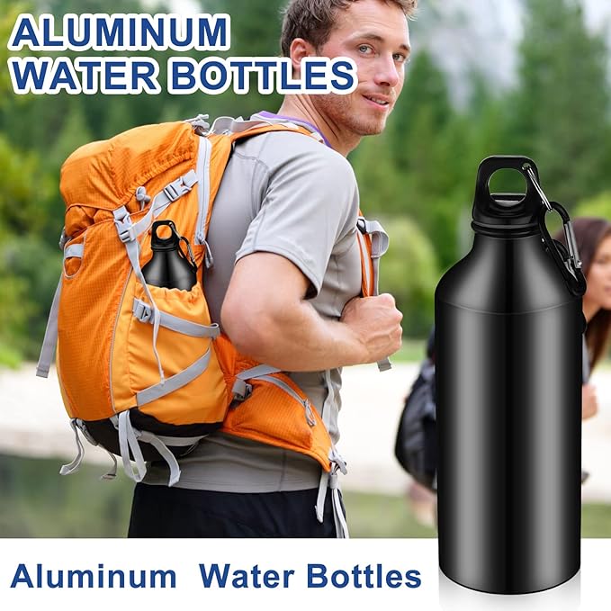 Nuogo 24 Pieces Aluminum Water Bottle 20 oz Lightweight Reusable Water Bottle Bulk Leak Proof Aluminum Water Bottles with Twist Cap and Buckle for Bike Travel Sports Camping (Black)
