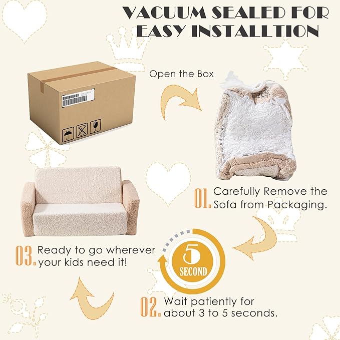 Baby Toddler Sofa Couch for Kids Extra Wide 2-in-1 Toddler Sherpa Fold Out Couch Bed for Playroom, Pull Out Children Convertible Sofa to Lounger for Boys & Girls with Double Pockets, Khaki-Cream