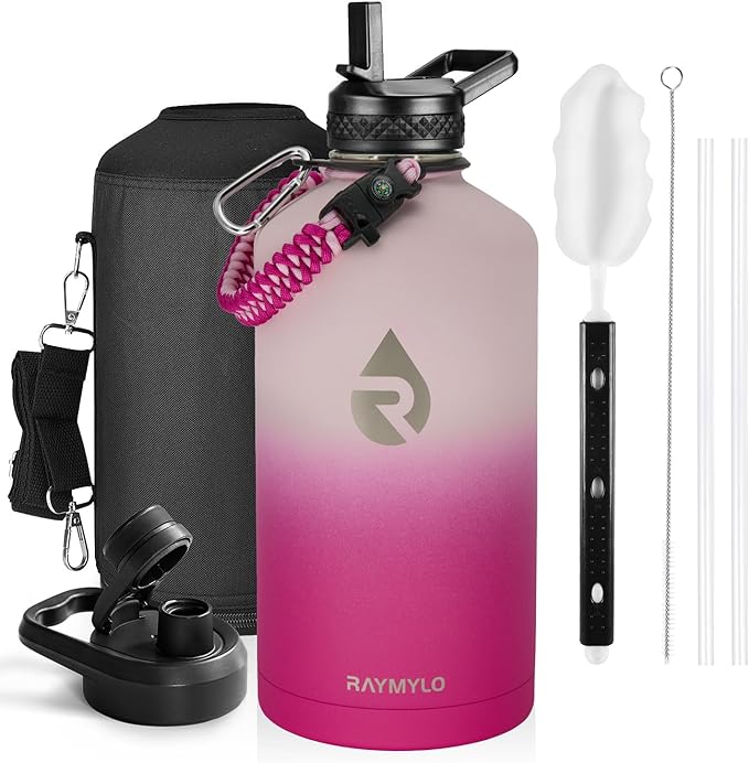 One Gallon Water Bottle Insulated, Triple Walled Vacuum Stainless Steel (Cold for 48 Hrs), Leak Proof & Non-BPA, Large Water Flask Jug with Paracord Handle & Straw Spout Lids