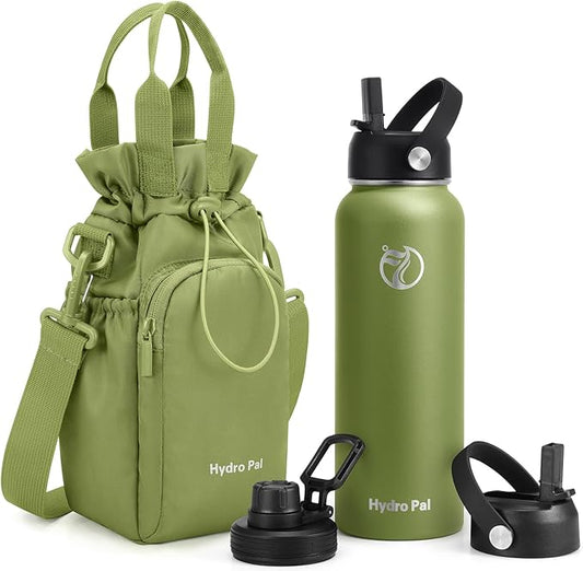 Insulated Water Bottles 40 oz with 2 Leak Proof Lids & Water Bottle Holder, Wide Mouth Sport Water Bottle with Straw, Reusable Stainless Steel Water Flask, Double Walled Vacuum Thermos