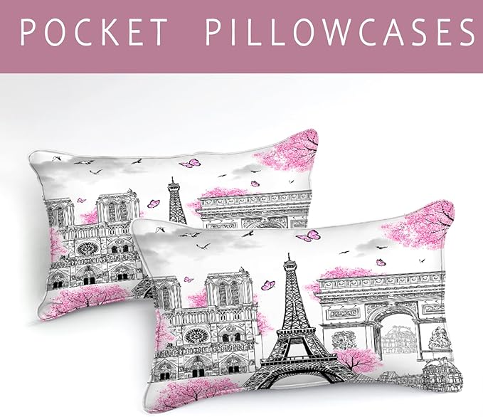 Bedbay Pink Paris Comforter Set Eiffel Tower Duvet Set Aesthetic Bedding for Girls Women Pink and Grey Comforter Quilt Set Paris Decor Summer Lightweight Comforter,No Sheets(Paris,King)