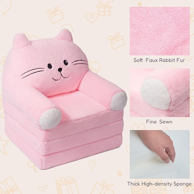 Kids Sofa Chair for Toddler, 2-in-1 Folding Soft Baby Couch with Removable Cover, Comfy Plush Children's Recliner, Convertible Floor Sofa Bed to Lounger for Girls Boys Age 1-3,Cat Pink