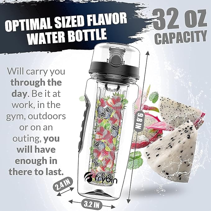 Fruit Infuser Water Bottle | Removable Infusion Basket for Flavor | Bonus Brush and Sleeve for Freshness | Made of Durable TRITAN Plastic | BPA Free Water Infuser Bottle, 32 Ounce (Black)