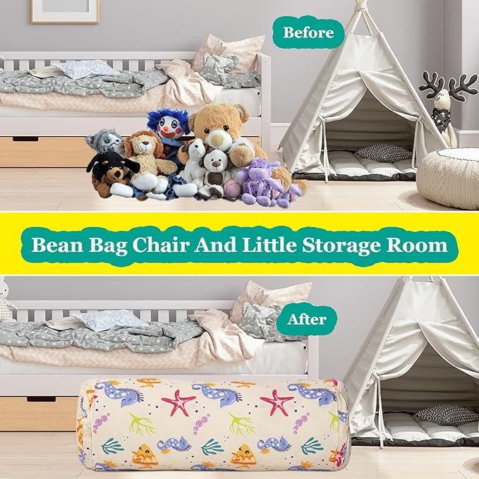Stuffed Animal Bean Bag Storage Chair for Kids Cover Only (No Filler), Organize, Sit, Play & Boxing, 100% Cotton Canvas Washable, Ultra Soft Cylinder Long Vertical Zipper Best Gift for Child