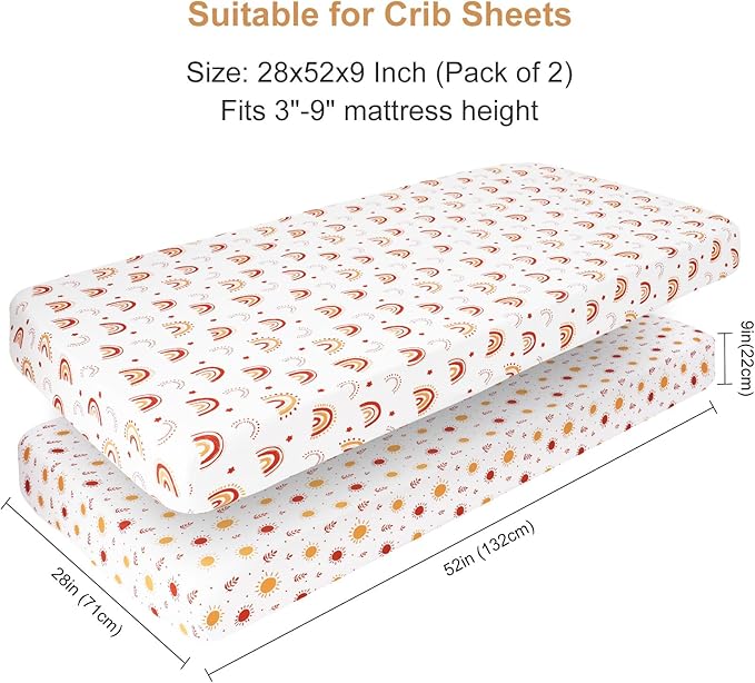 PHF Soft Crib Sheet Fitted, 2 Pack Baby Sheets for Boys Girls, 28x52x9in Fits Standard Crib and Toddler Mattresses, Silky Comfy Breathable Polyester Baby Mattress Sheets, Rainbow