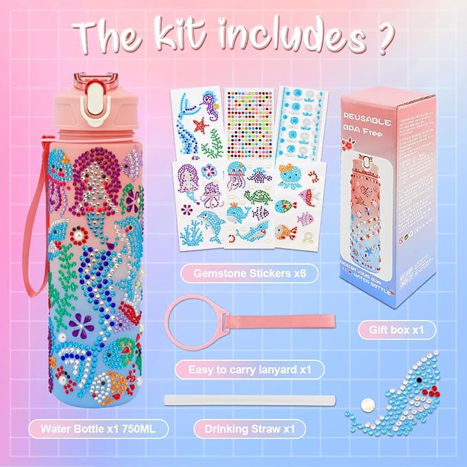 Decorate Your Own Water Bottle Kits for Girls, Gifts for Girls, Birthday Gifts for 5 6 7 8 9 10 Year Old Girls, Arts and Crafts for Girls, Mermaid Arts and Crafts Gifts Toys for Girls Christmas