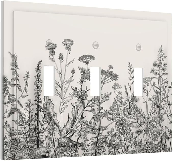 Vintage Grey Floral Herbs Wild Flowers Botanical 3 Gang Boho Light Switch Covers Decorative Country Unique Triple Toggle Wall Plate Electrical Faceplate Switchplate for Bathroom Bedroom