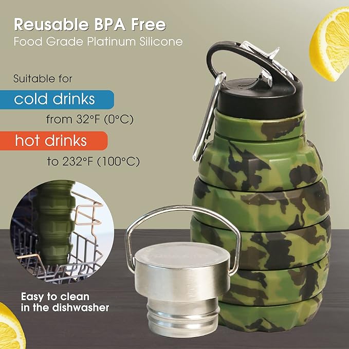 Collapsible Water Bottle 19.6oz/580ml (Woodland Camo) - 2 Lids, Carabiner, Gift Box - Leak Proof Silicone Gym Water Bottles Army - Military Veterans Day Gifts for Him - Hiking & Camping Accessories