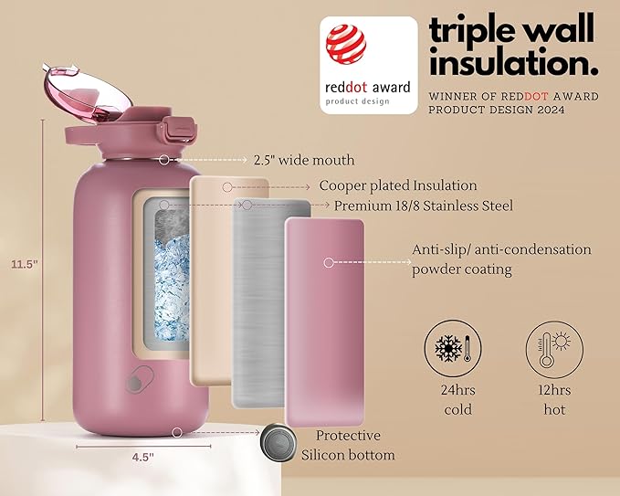 H2O Capsule Half Gallon Insulated Water Bottle With Straw - Stainless Steel Thermos Water Bottle With Sipping/Chugging Lid & Shoulder Strap For Storage - 64 oz Vacuum Flask, Keeps Hot Cold (Plum)