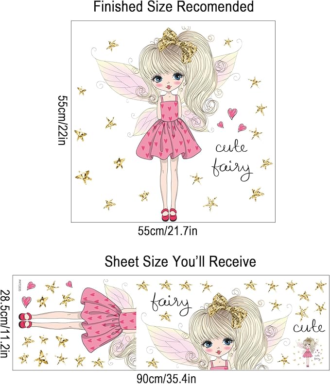 Pink Cute Butterfly Girl Wall decals for Girls Bedroom Princess Gold Stars Kids Room Decor Removable Fairy Stickers Vinyl Wall Murals Peel and Stick for Playroom Classroom Living Room Nursery