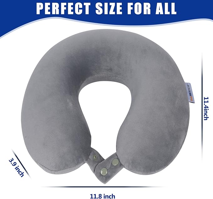 SAIREIDER Travel Pillows for Sleeping Airplane 100% Pure Memory Foam Neck Pillow for Airplanes Washable Cover(Grey)