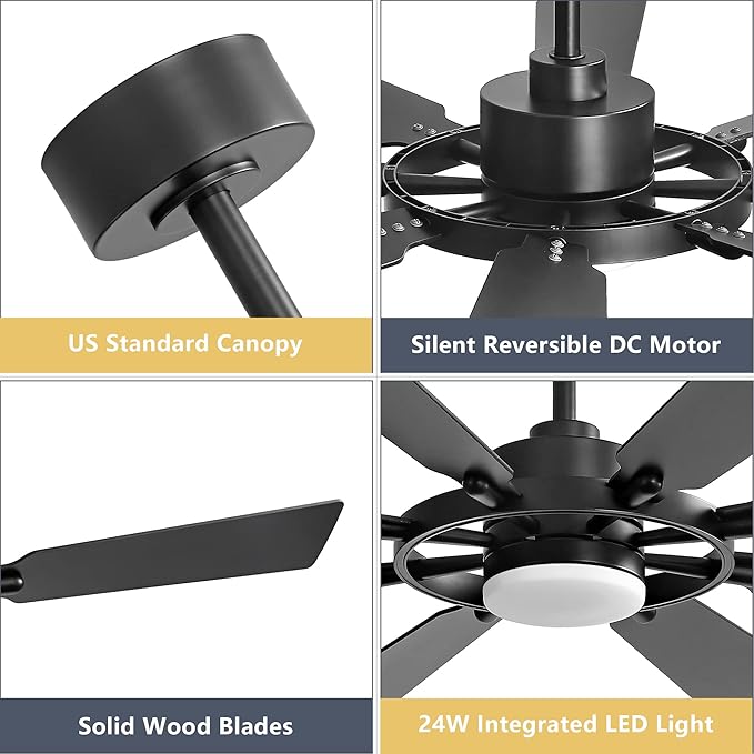 80" Ceiling Fan with Lights and Remote Control, Wood 8 Blades 6-Speed Noiseless Reversible DC Motor, 3 Downrods, Modern Large Indoor/Outdoor Ceiling fan for Patio Bedroom Dining Living Room, Black