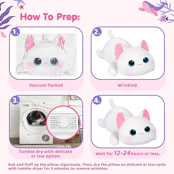 Cute Cat Plush Pillow, Kawaii Plushies White Cat Stuffed Toys, Squishy Plushies, Cuddle Body Pillow for Kids & Girls