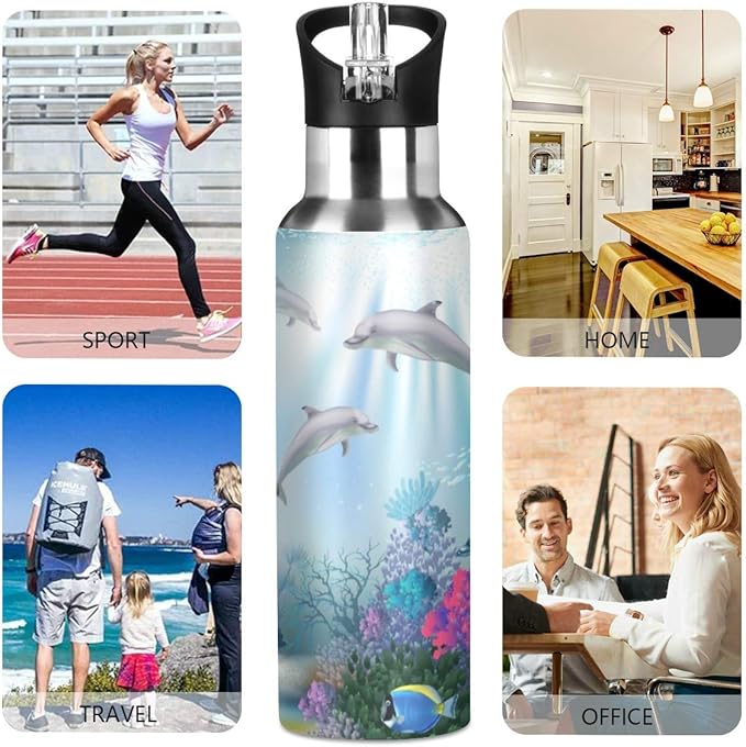 Underwater World Of Dolphins Sports Water Bottle, 22 Oz BPA Free Non-Toxic Stainless Steel Water Bottle with Straw for Gym Yoga Fitness Camping