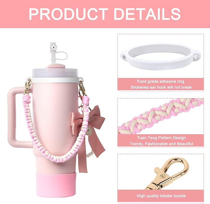 Stanley Cup Accessories Set- Water Bottle Handle Strap, Stanley Cup Protective Silicone Boot, Bow Design Stanley Charms for Stanley Cup 40oz /30 oz Tumbler (pink)