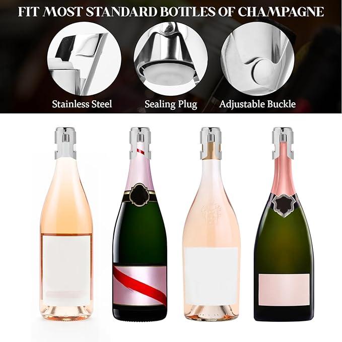 Molain 2Pack Champagne Stoppers, Stainless Steel Sparkling Wine Bottle Stopper with Pure Silicone Air Tight Seal Professional Wine Saver for Champagne, Prosecco and Cava