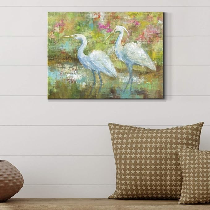 Renditions Gallery Canvas Nature Wall Art Modern Paintings Decorations Elegant White Egrets Abstract Multicolored Bontanical Wall Hanging Artwork for Bedroom Office Kitchen - 18"x27" LT33
