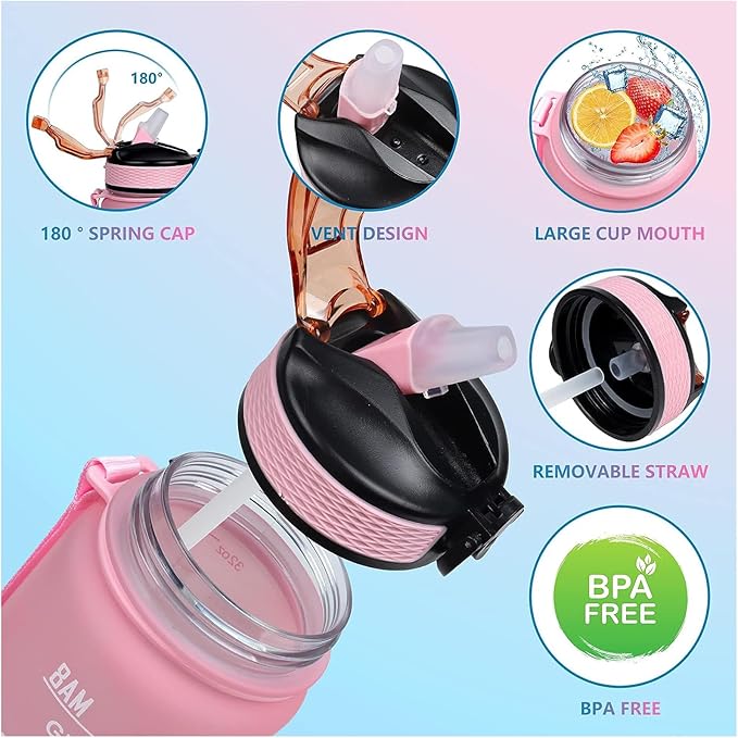 Corgi Butt 32 oz Water Bottle with Times Marker to Drink and Straw, Carrying Strap, Leakproof Tritan BPA-Free, Ensure You Drink Enough Water for Fitness, Gym, Camping, Outdoor Sports